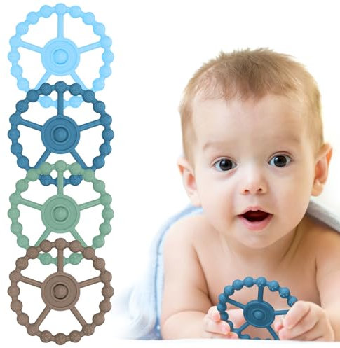 Kaisibum 4er Pack Beißspielzeug Baby, BPA-FREI Silikon Zahnungshilfe Baby, Beißring, Leicht zu Greifender Beißring Baby, Baby Zubehör 0-6 Monate Grün, Dunkelbraun, Hellblau, Dunkelblau