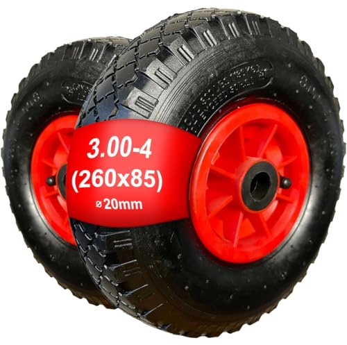 2x Sackkarrenrad 260x85mm, Luftrad 3.00-4, Nabe Ø20×75mm, Rad für Sackkarre Ersatzrad Luftbereift Reifen mit Schlauch und Felge - Robuste Sackkarren Räder - für Transportwagen Bollerwagen Rot/Schwarz