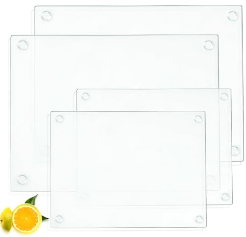 Nexboraque 4 Pack Tempered Glass Cutting Board with Anti-Slip Pads, Rectangle Clear Glass Tray Chopping Board for Kitchen Countertop, House Warming Gifts, Heat-Resistant, Non-friable, 2 Sizes
