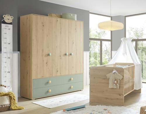 möbelando Babyzimmer-Komplettset >Birta< Kleiderschrank (153,8x200x58,2 cm) und EIN Babybett (78x90x143 cm) in Artisan Eiche Dekor und Salbei – mit höhenverstellbarem Babybett und viel Stauraum