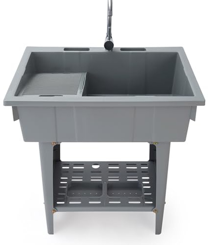 Fregadero de lavandería de plástico independiente con tablero de lavar - 80*56*81cm Tina de fregadero de utilidad con grifo frío, kit de drenaje y mangueras para uso interior/exterior en lavandería,