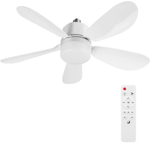 Ventilateur de Plafond avec Lumière et Telecommande, E27/E26 Lampe de Ventilateur LED Dimmable Plafonnier Timing, 5 Pales, Silencieux, 3 Vitesses, pour Salon, Bureau, Dortoir, Chambre (Blanc 52cm)
