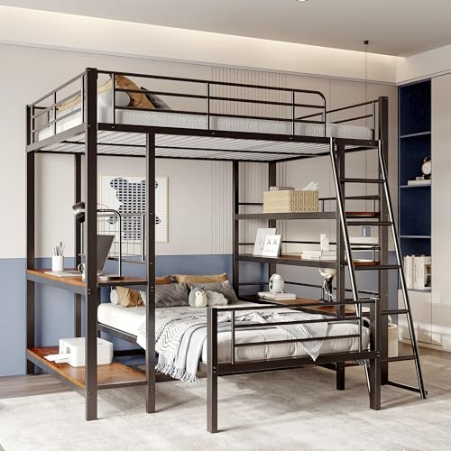 REXO Etagenbett Metallrahmen Hochbett 140x200, Multifunktionsbett mit Mehreren Ablagefächern (Schwarz)