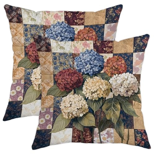 Lot de 2 housses de coussin carrées décoratives d'automne avec fleurs d'hortensia, bleu bordeaux, décoration d'intérieur rustique pour canapé, lit, 71 x 71 cm, bleu bordeaux