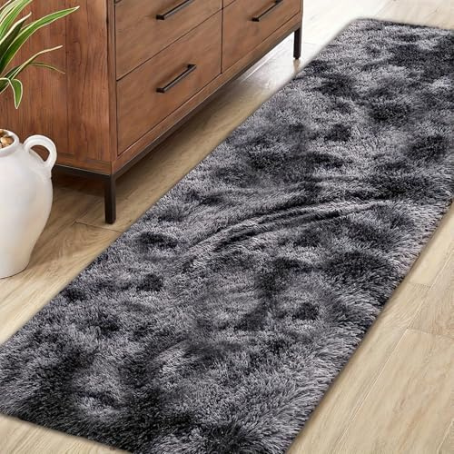 Jyswx Wohnzimmer Teppich Läufer – Waschbarer Rutschfester Fluffy Shaggy Teppich, Weicher Kuscheliger Teppich für Schlafzimmer, Kinderzimmer, Flur und Wohnzimmer, 50x100cm, Dunkelgrau Gefärbt