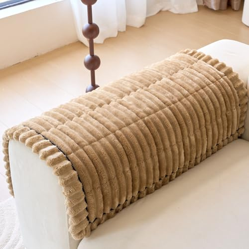 vctops Set of 2 Faux Fur Couch Arm Cover Back Covers, Non-Slip Chair Arm Covers, Soft Fuzzy Arm Rest Cover for Sofa, Armchair Slipcovers Couch Protector for Dogs Cats (Khaki,28x28)