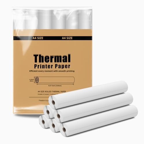 6 Rolls A4 Thermal Paper, 210x297mm Thermal Paper(210 mm/7.7M Long) for Portable Printer, 25 Sheets/Roll, Compatible with ITP01/04, M832/834, for Travel or Home Work, Printing Contract, Picture