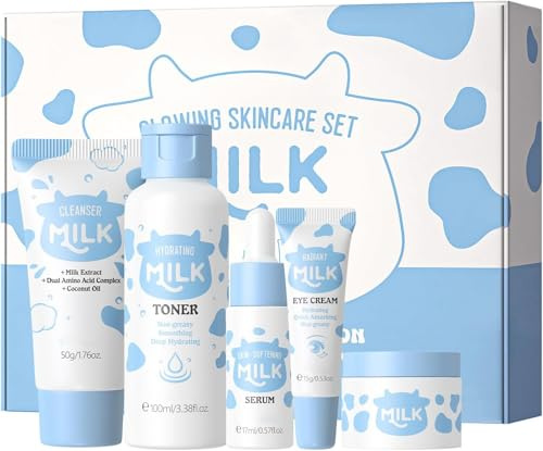 Milk Skin Care Sets & Kits for Teenage Girls, Skincare Set for Women with Cleanser, Hydrating Toner, Serum, Eye Cream, Moisturizing Cream, Beauty Gift Sets for Face Care, Travel Sized(5PCS)
