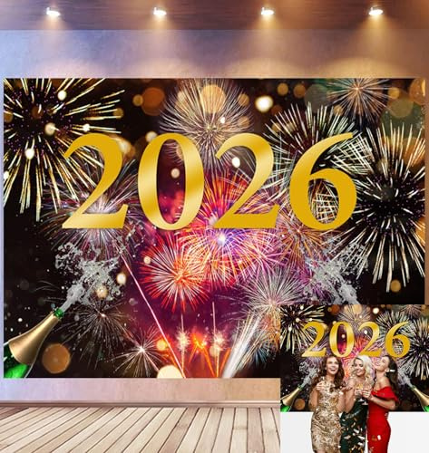 Bovlleetd 3,6 x 2,5 m nyårsfirande bakgrund festlig 2026 scen gyllene siffror färgglada fyrverkerier champagne bakgrund för nyårsafton festival fest dekor fotobås rekvisita