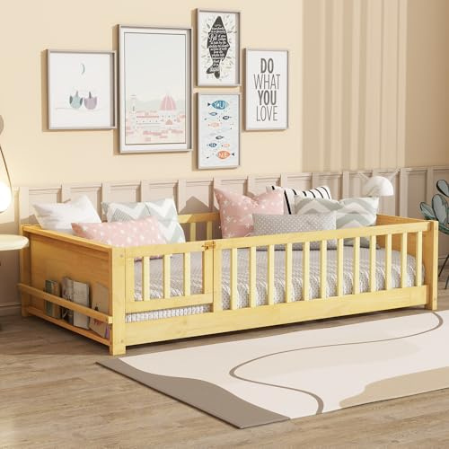 GDFStudio Twin Size Floor Bed with Book Rack and Door, Wood Low Bed Frame with Fence and Slatted Base, Children Play and Sleep Platform Beds for Small Rooms, Easy Assembly Kids Floor Bed, Natural