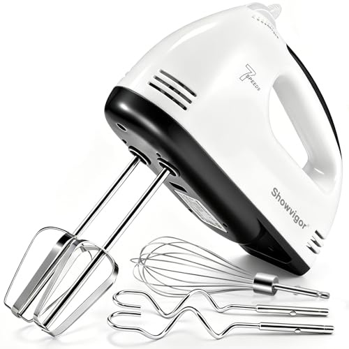 Handmixer Elektrisch 300W mit 7 Geschwindigkeiten, Ergonomischer Griff | Handrührgerät inkl. 2 Rührbesen 2 Edelstahl-Knethaken 1 Schneebesen, ideal für Backen und Kochen, Weiß