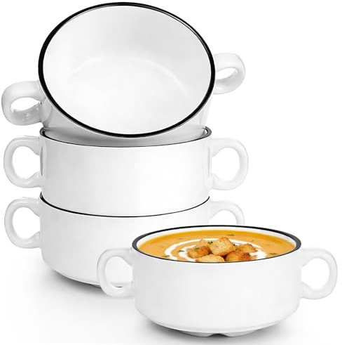 ICEBLUEOR 300ml Soup Bowls with Handle Set of 4, Ceramic White French Onion Soup Bowls, Individual Cereal Bowls for Potato Soup,Porridge, Pasta, Dessert, Pie, Butter Oven Microwave Dishwasher Safe