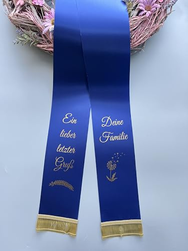 (23 Farbe Auswahl) SuperSatin Trauerschleife mit Text personalisiert, Grabsgesteckband bedruckt nach Wunschtext, Urnen- Grabstrausschleife, Kranzschleife (Dunkel Blau, 100mm Breite)