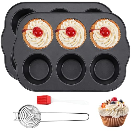 2 Stück Muffinblech mit Metallrahmen - 6 Muffins Antihaft Muffinförmchen, Cupcake Formen, Muffinbackformen mit Eiertrenner und Ölpinsel, Spülmaschinenfest, Ofenfest bis 230°C für Pudding, Brownies