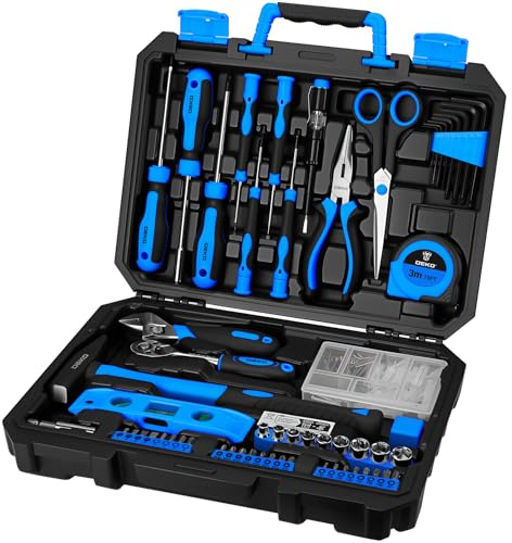 DEKO Cassetta Attrezzi Completa 138 Pezzi - Kit Attrezzi da Lavoro con Cacciaviti, Cricchetto, Pinze, Chiavi per Riparazioni Casa, Fai da Te, Ufficio, Blu
