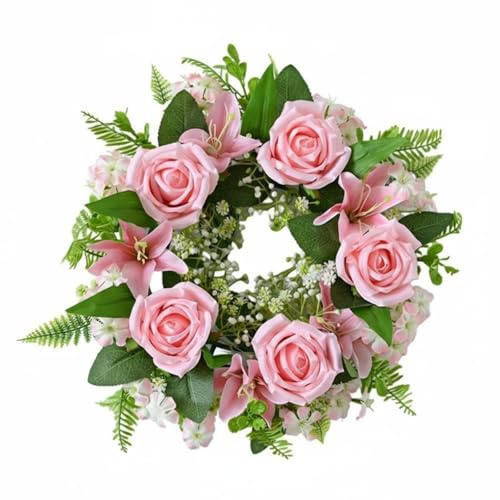 KiBcsLic Ghirlanda e Gigli Finti Decorazione Primaverile Corona di Fiori per Porta Aspetto Realistico Centrotavola Floreale Artificiale per Matrimonio, Rosa, 35CM