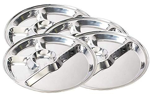 WhopperIndia-Set aus 4 Edelstahlplatten mit fünf Fächern, Thali, Kochteller, Teller