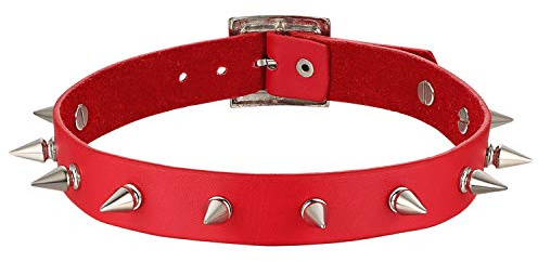 Flongo Choker Tattoo Kette Lederhalsband Damen Herren Halskette Gotik Halsband Schmuck Schwarz Braun Rot Gold Silber mit Spitz Niete Nieten Einstellbar Punk Rock