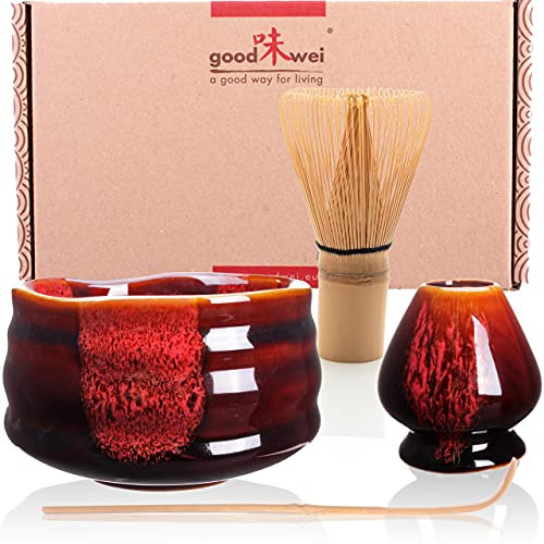 Goodwei Matcha Kit con Frusta Matcha, Ciotola Matcha e Supporto Frusta in ceramica con lo stesso design | Tazza Matcha Chawan tradizionale, 430 ml | The Matcha Set Regalo (80, Akai)
