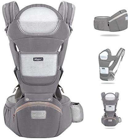 YIKANWEN Marsupio Neonato 0-36 mesi [Scopri di Più Sull'utilizzo] Marsupio Neonato Ergonomico a 25kg, Fascia Neonato con Sedile Multiposizione, Poggia Testa e Cappuccio, Cotone Traspirante, Gririo
