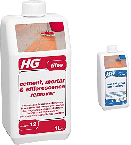 HG 171100106, Mortar & Efflorescence 1L for Tiles and Flagstones-Removes Stubborn Cement Residue & 101100106 Grout Film 1L Removes Cement Residue Non-Porous Ceramic Tiles and Flagstones, White