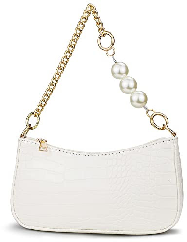 Right 20 Damen Handtasche mit Perlenkette Klein Schultertasche Weiß Damen PU Leder Umhängetasche Frau Vintage Shoulder Mini Handtasche Clutch Geldbörse Messenger Bag