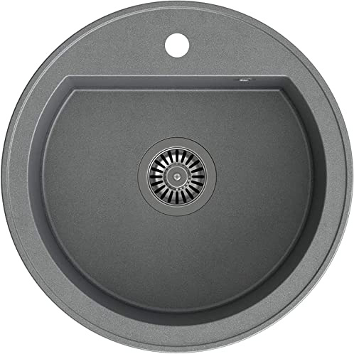 VBChome Spüle 51 cm Grau Einbauspüle Einzelbecken Waschbecken gesprenkelt Spülbecken + Siphon Modern Hohe Qualität
