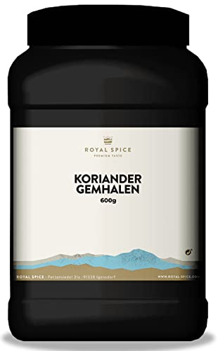 Royal Spice Koriander Gemahlen 600g - 100% Koriandersaat gemahlen zum Backen oder Wursten - Perfekt für Brot & Teige, Rub Gewürzmischungen & Currys - Koriander schonend getrocknet und gemahlen