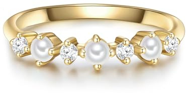 GLANZSTÜCKE MÜNCHEN Damen Perlenring Sterling Silber gelbvergoldet mit Süßwasser-Zuchtperle 2-2,5 mm/Zirkonia - Silberring Damenring