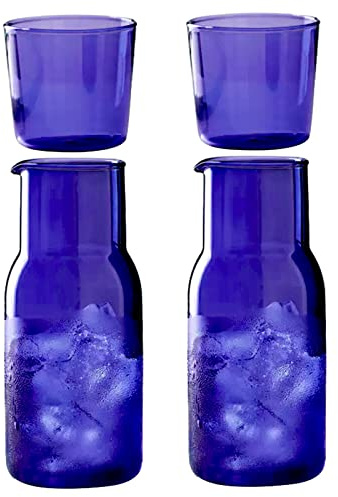 BestAlice Wasserkaraffe und Glas-Set, 500 ml, Vintage-Stil, Nachttisch, Glaskaraffe mit Becher, Klarglas, Saft-Wasserbecher für Schlafzimmer, mit Tablett und Silikon-Bodenabdeckung, 2 Stück