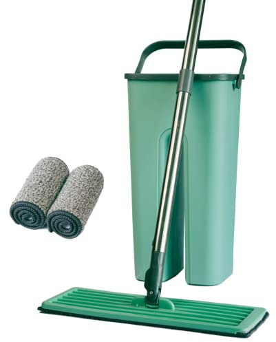 Mopa con Cubo Escurridor Fregona Plana Doble Compartimento Escurrefácil para Limpieza Suelos Azulejos Madera Mango Ergonómico Atrapa PolvoVentanas Mop Trapeador 2 Almohadillas Reutilizables
