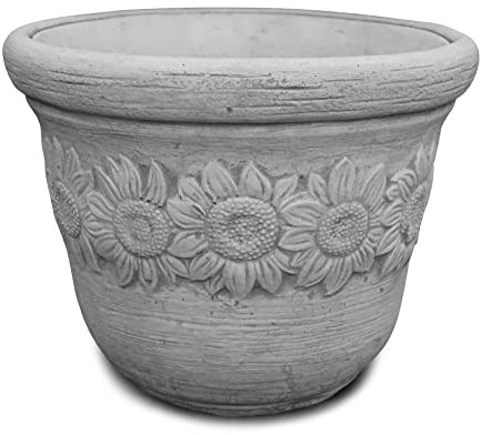 gartendekoparadies.de Blumentopf mit Sonnenblumen-Motiv Große L Pflanzgefäß aus Steinguss, H. 30 cm, 17 Liter, 17 kg, Grau, frostsicher für Außenbereich