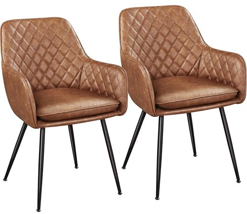 Yaheetech Esszimmerstühle 2er Set Küchenstühle, Polsterstühle mit Armlehnen Metallbeine, Seesel aus Kunstleder für Arbeitszimmer/Wohnzimmer, Braun