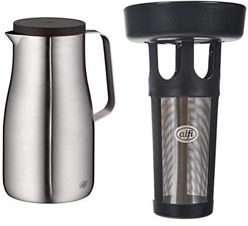 alfi Thermoskanne Studio TT, Edelstahl mattiert 1L, Edelstahleinsatz, spülmaschinenfest, 1297.205.100, Isolierkanne hält 12 Stunden heiß, für 8 Tassen & 9114.000.003 Teefilter Dan