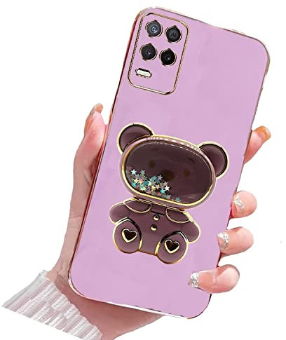 Tivenfezk Nadoli für Oppo Realme 8 4G Treibsand Bär Ständer Hülle,Karikatur Glitzer Überzug Galvanisierte Make-up Ständer Weiche Silikon Kratzfest Handyhülle Schutzhülle