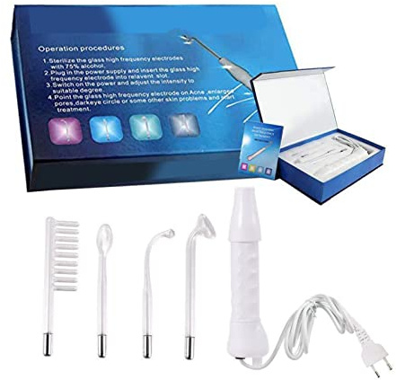 Fyearfly Máquina facial portátil de alta frecuencia con 4 tubos de peine, eliminador de ácaros, tratamiento del acné, cuidado facial, negro, metal, cristal