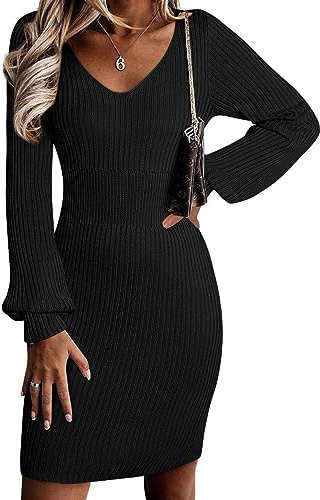 Sidefeel Sweater Dress for Women 2025 Fall Casual Long Sleeve V Neck Ribbed Sweaters Sexy Bodycon Knit Dress Small Black