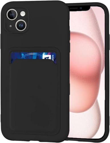 AMPLE Case for iPhone 15, Liquid Silicon Back Card Holder Phone Case, Ultra Slim Soft TPU Shockproof Case with Card Slot, Card Holder Sleeve, Wallet Card for iPhone 15 (Black)