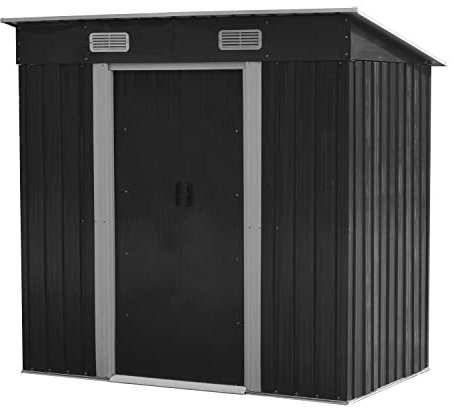 Garden Storage Shed Metal 6 x 4 FT Outdoor with Base Vents Lockable Sliding Doors Sloped Pent Roof for Patio Backyard Bike Tool All-Weather (Grey)