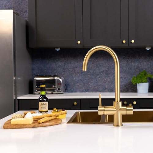 Flode Svan Swan Neck Design Kitchen Boiling Tap - 3-in-1 Instant Hot Boiling Water Tap Kit with Boiler and Filter - Boiling Hot Water Tap (Brushed Brass)