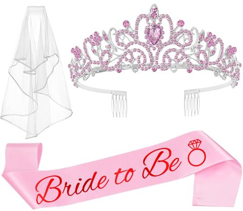 JETKONG 3 Pcs Bachelorette Party Decorations Bridal Shower Crown, Bride to Be Sash&Veil for Women Bachelorette Party Gifts, Bachelorette Party Supplies, Gifts, Favors (Pink)
