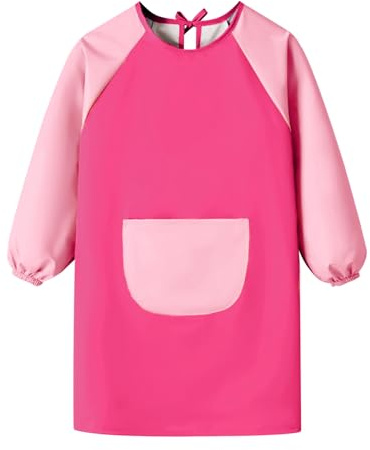 Meleager Bata Pintura Niños, Delantales Infantiles 5-11 Años, Babero de Arte Infantil, Delantal Babero de Mangas Largacon con Bolsillos para Manualidades Pintura Cocina(Rosa)