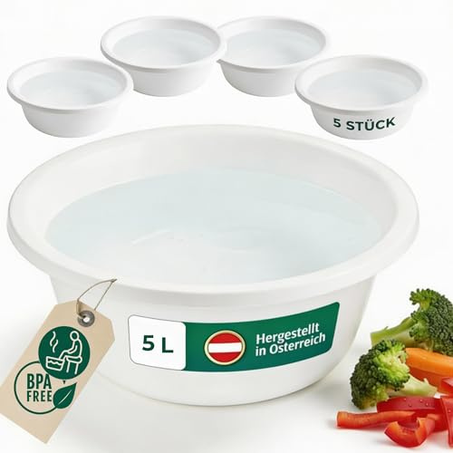 Novaliv 5x Spülschüssel Rund 5L, D32 cm, Weiß, BPA-frei Spülmaschinenfest Ideal für Küche und Camping, Rundschüssel, Runde Plastikschüssel, Waschschüssel, Kunststoffschüssel, Plastic bowl