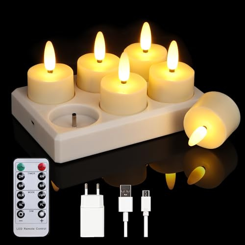 Cibnew LED Wiederaufladbar Kerzen, Flammenlose Teelichter mit Ladestation, Fernbedienung, Timer,USB Aufladbare Kerzen für Halloween Weihnachten Hochzeit Party Deko (6 Stück mit Ladestation)