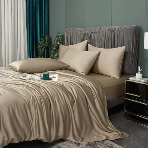 Luofanfei Kühlende Bambus Bettwäsche 220x240 cm Sommer Gold Khaki | Uni Bambusfasern Lyocell Glänzend Bettwäscheset Atmungsaktiv Bamboo Muster Bettbezuge und Kissenbezüge 80x80 cm Bügelfrei