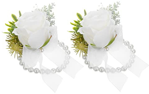 VALICLUD 4 Stück Handgelenk corsage boutonniere Ansteckblume mit weißer Rose Brautjungfer Armbänder Kristallarmband Verschleißfeste Handgelenkkorsage Korsage-Armband Seidenblume