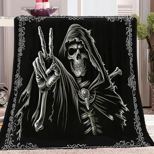 Kuscheldecke Grenze Frieden Sensenmann Muster, 150 x 200 cm weich warm Fleecedecke für Bett Stuhl Auto Sofa Couch Schlafzimmer, Schwarz Bedruckte dekorative Decken