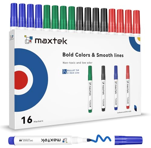 maxtek Whiteboard Pens, 16 Count Whiteboard Markers Pens Erasable, Bullet Tip 2-3mm, Black Blue Red Green 4 Assorted Colors, Office & Classroom Teaching Supplies