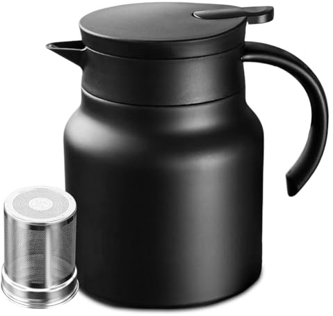 Peelanmall 1 l termos liten termoskanna dubbelvägg rostfritt stål vakuumkanna med skållningsskydd svart tekanna för varmt kaffe och te perfekt för resor, hem, kontor