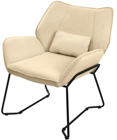 ML-Design fåtölj i sandfärg klädd i linnetyg med svarta metallben Vardagsrumsfåtölj med arm och ryggstöd stoppad med dyna ergonomisk vingfåtölj och stilren enkelsoffa för moderna hem